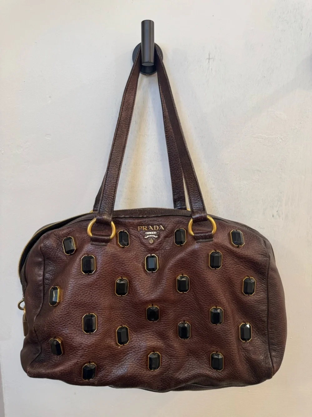 Prada Vitello Daino Jeweled Leather Tote - Brown - Picture 2 of 5